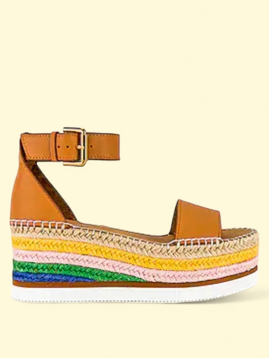 See By Chloe Shoes - SEE BY CHLOE Rainbow Sandal Leather Jute Platform Espadrille Wedge Logo Tan 37 7
